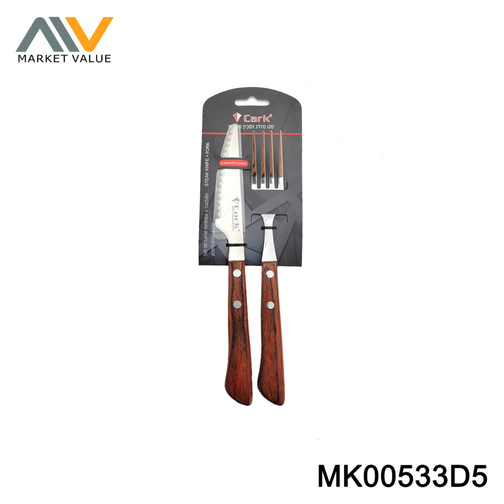 2PCS STEAK KNIFE & FORK PINE WOODEN HANDLE SET
