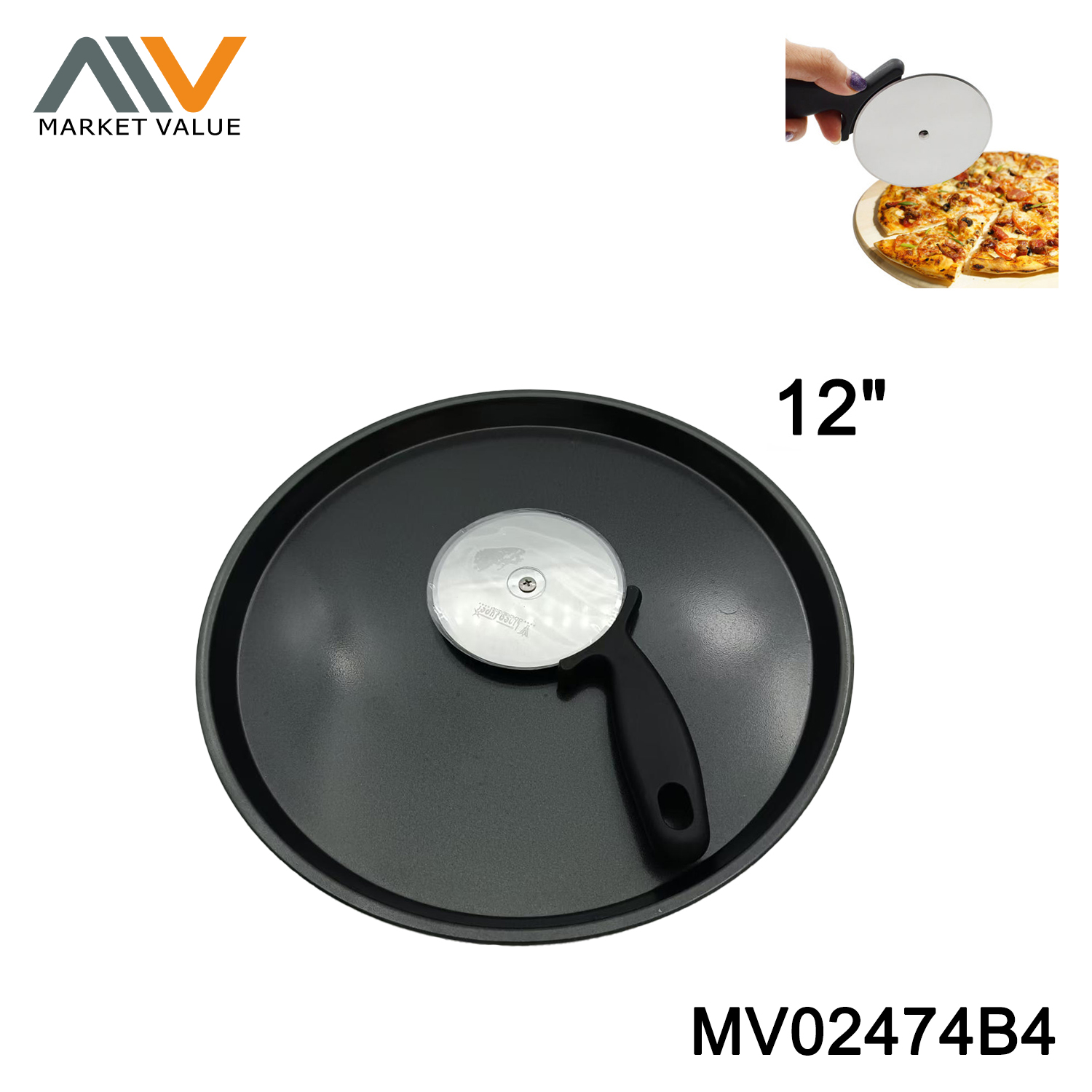 12 inch carbon steel pizza pan+PIZZA CUTTER BLACK HANDLE
