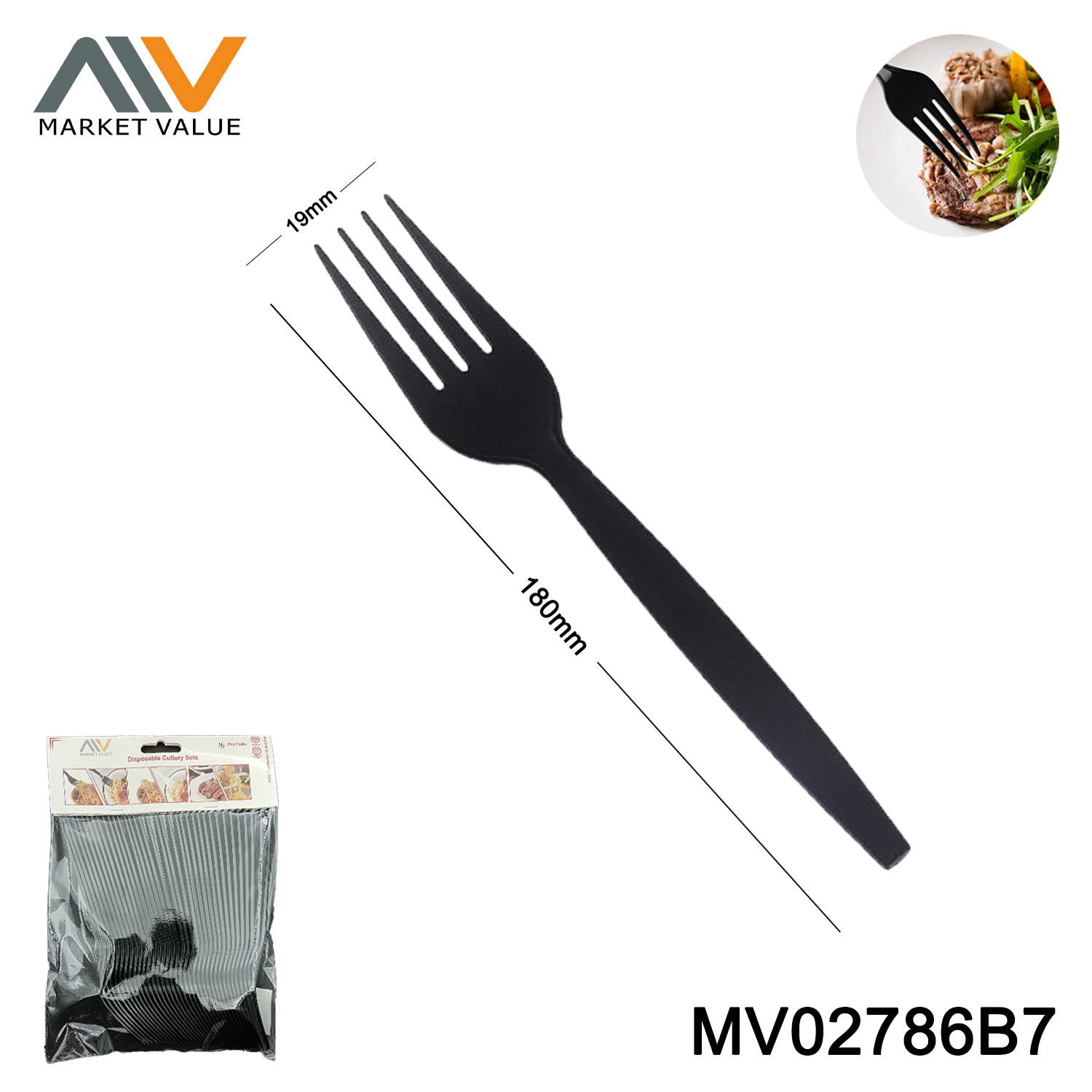 36 PK Black 7 inch plastic fork in polybag