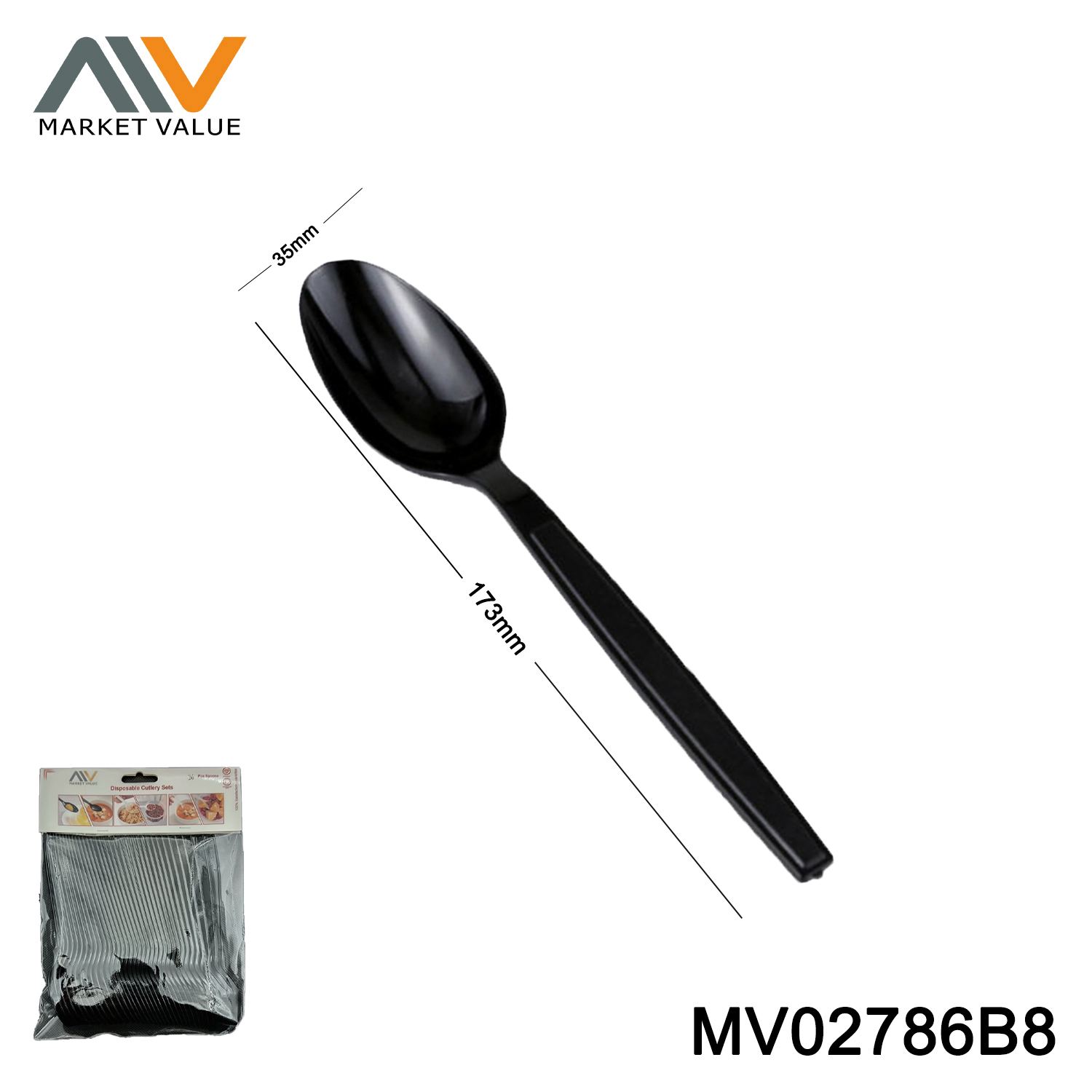 36 PK Black 7 inch plastic spoon in polybag