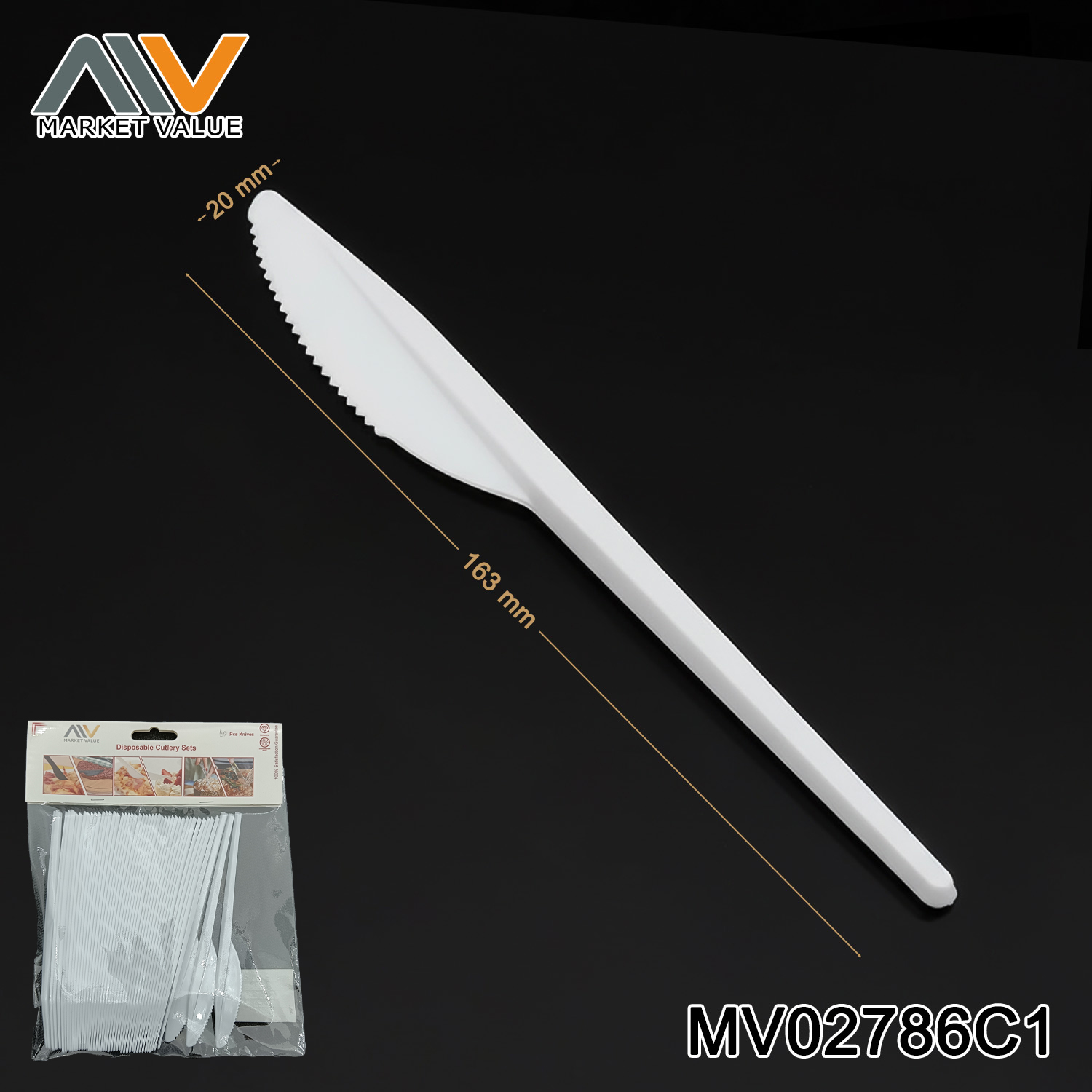 60 PK White 6.5 inch plastic knife in polybag