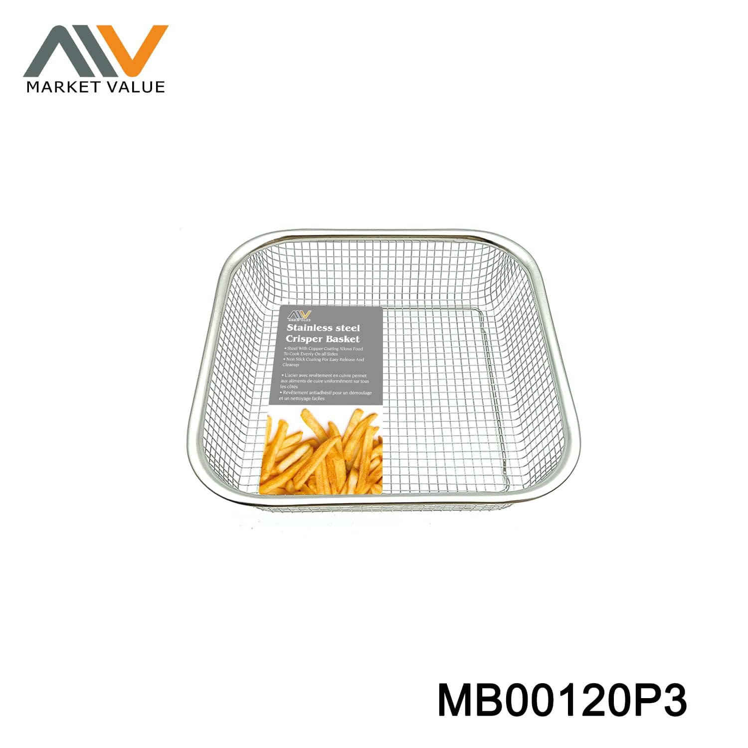 MB00120P3 9.5*9.5*2.6 In Ss Crisper Basket Lable