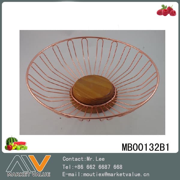 MB00132B1 Gold Plating Round Fruit Basket Wtih Wooden Botton