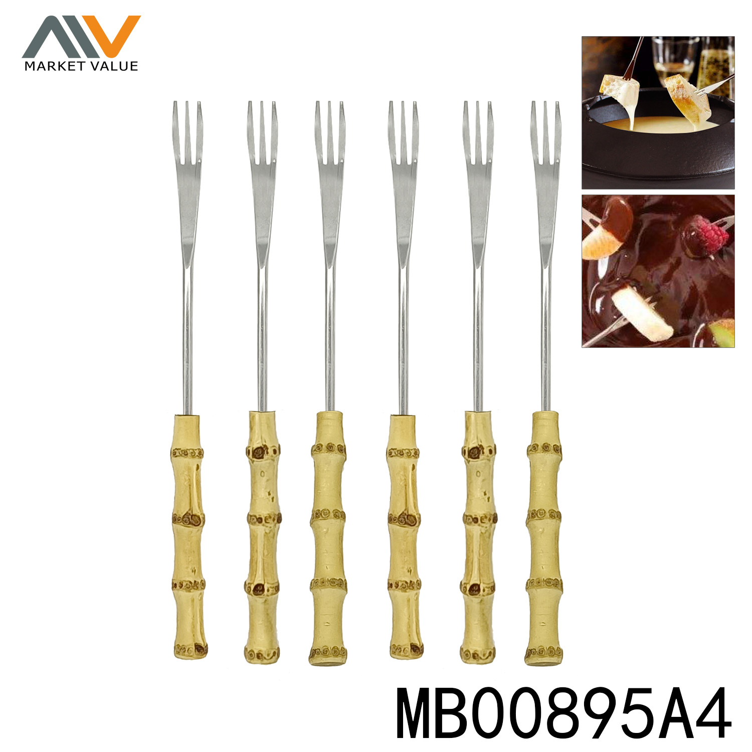 MB00895A4 6Pcs S.S 9.5"Fondue Fork With Natural Real Bamboo In Box
