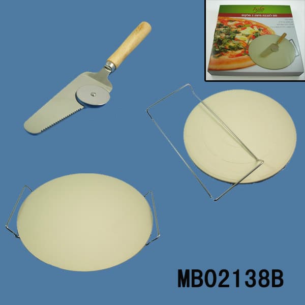 MB02138B Pizza Baking Stone With Chrome Stand & Cheese Shovel With Pizza Cutter