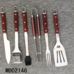 6Pcs Colour Wooden Handle Bbq Tools(Knife/Brass Wire Brush/Silicone Brush/Tong/Fork/Shovel)T/C