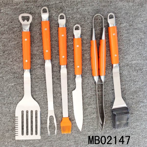 MB02147 6Pcs Plastic Handle Bbq Tools(Knife/S.S Brush/Silicone Brush/Tong/Fork/Shovel)T/C