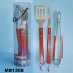 3Pcs Bbq Tools W/ Wooden Handle In Pvc Tube