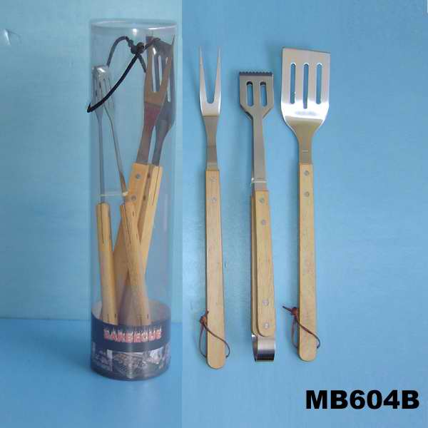 MB604B 3Pcs Bbq Tools W/ Wooden Handle