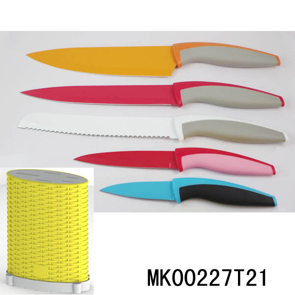 MK00227T21 Set Of 5 Non-Stick Coarting Knife With Plastic Stand In Colour Box