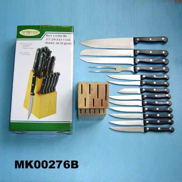 MK00276B 14Pcs Knife Set Pine Wooden Block In Box