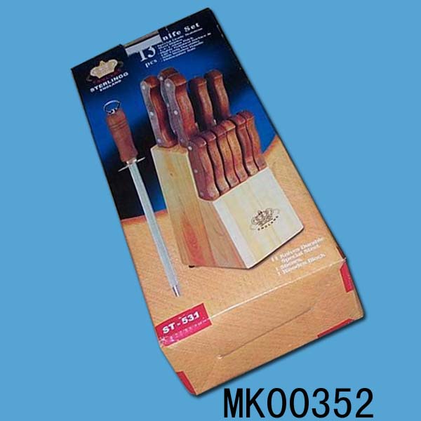 MK00352 13Pcs Knife Set Wood Handle W/Wooden Block In Color Box