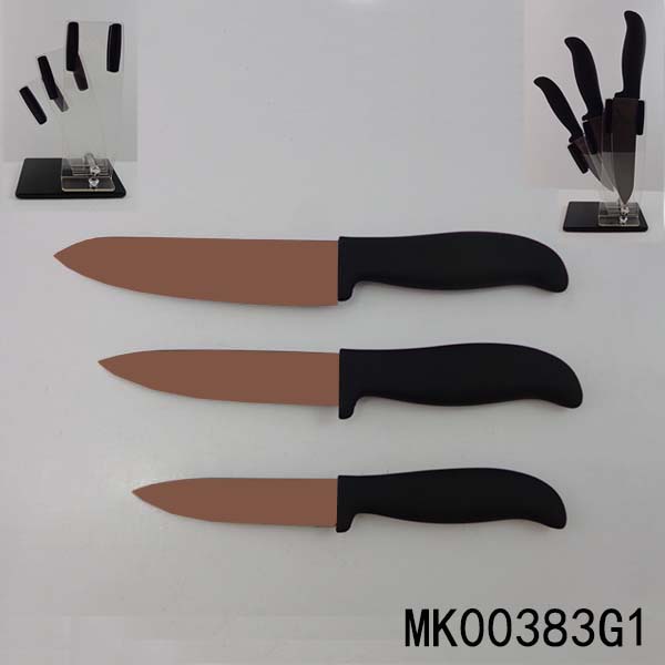 3Pcs S/S Copper Chef Knife Set & Acrylic Holder In Box