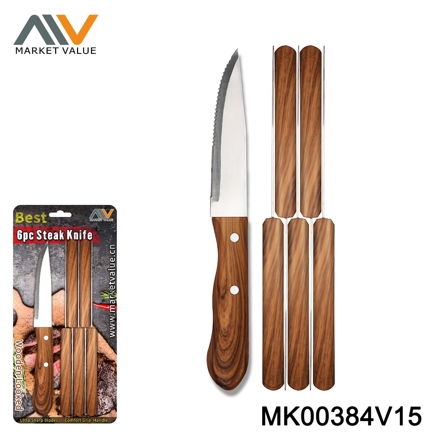 MK00384V15 6Pk Jumbo Steak Knife Set Pp Wooden Looked Handle Bc