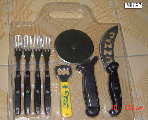 MK00697 4Pcs Forks + Bottle Opener + Pizza Cutter + Pizza Knife