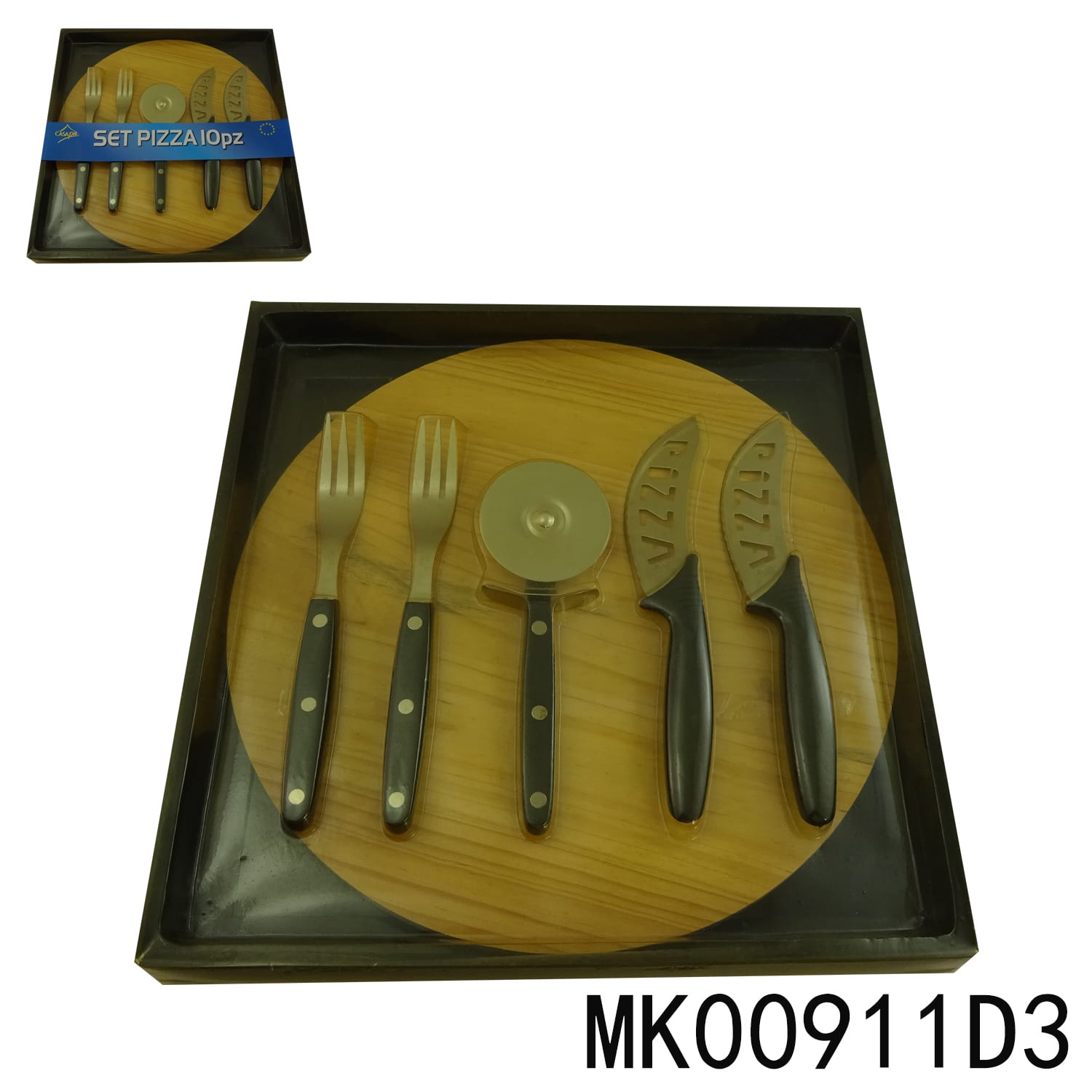 MK00911D3 2Pcs Pizza Knife+2Pcs Fork+Pizza Cutter+Wooden Board