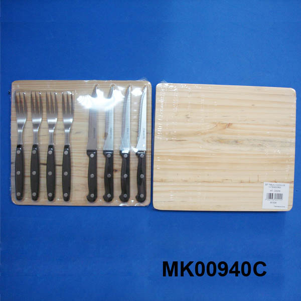 MK00940C 8Pcs S/S Steak Knife & Fork Set +Wood Board