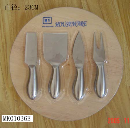 MK01036E 4Pcs Hollow Handle Cheese Knife + Round Cutting Board