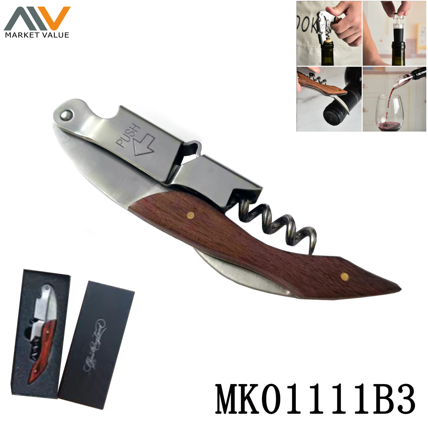 MK01111B3 Versatile S/S Wood Handle Wine Opener