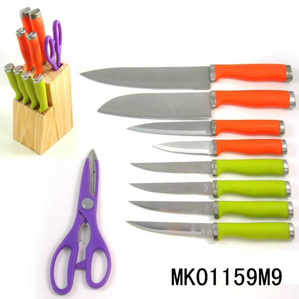 10Pcs Plastic Handle Knives Set With Wooden Stand