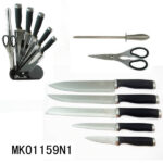 5Pcs Plastic Handle Kitchen Knives Set And Scissors & Sharpenner With Acryl Stand