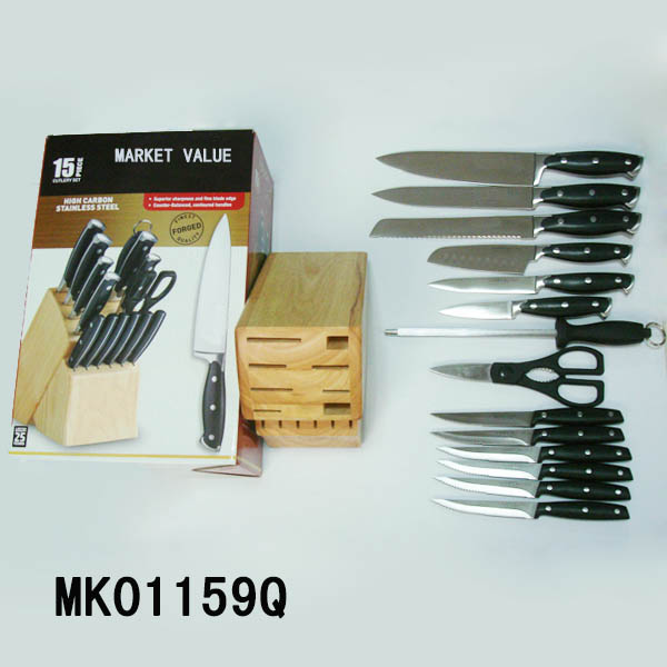 MK01159Q 15Pcs Knife Set Pine Wooden Block In Box