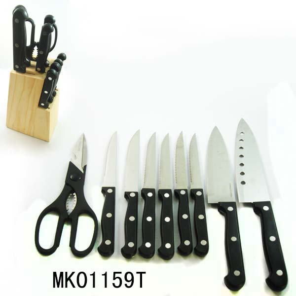 MK01159T 10Pcs Plastic Handle Knives Set With Wooden Stand