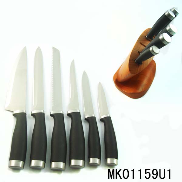 MK01159U1 7Pcs Plastic Handle Knives Set With Wooden Stand