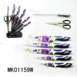 5Pcs Plastic Handle Kitchen Knives Set And Scissors & Sharpenner With Acryl Stand