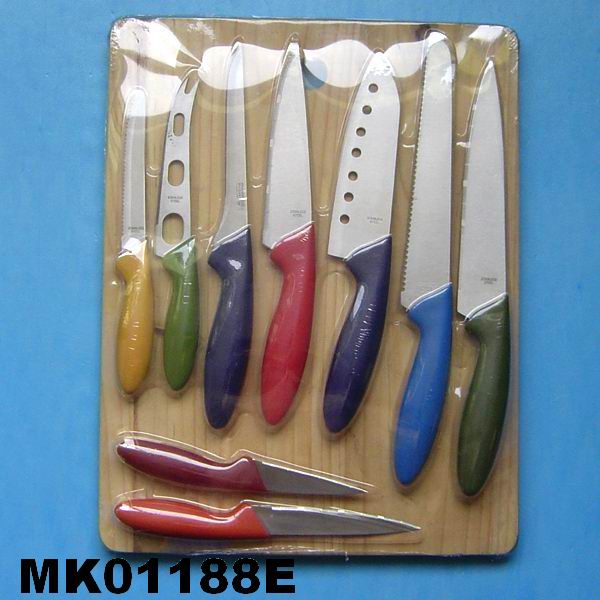 MK01188E 10Pcs Plastic Handle Knife Set + Cutter Board D/B
