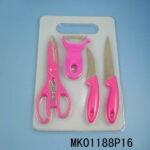2Pcs Plastic Handle S/S Fruit Knife & 9110 Scissors & Peeler & Plastic Cutting Board D/B