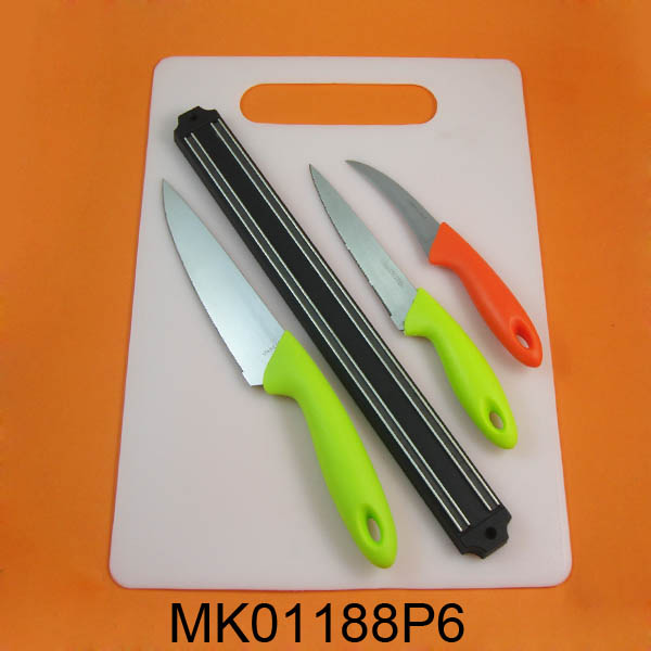MK01188P6 5Pk Kitchen Tool Set(6"Chef Knife/5"Multi Knife/3"Fruit Knife+Magnet Knife Holder+Plastic Board)
