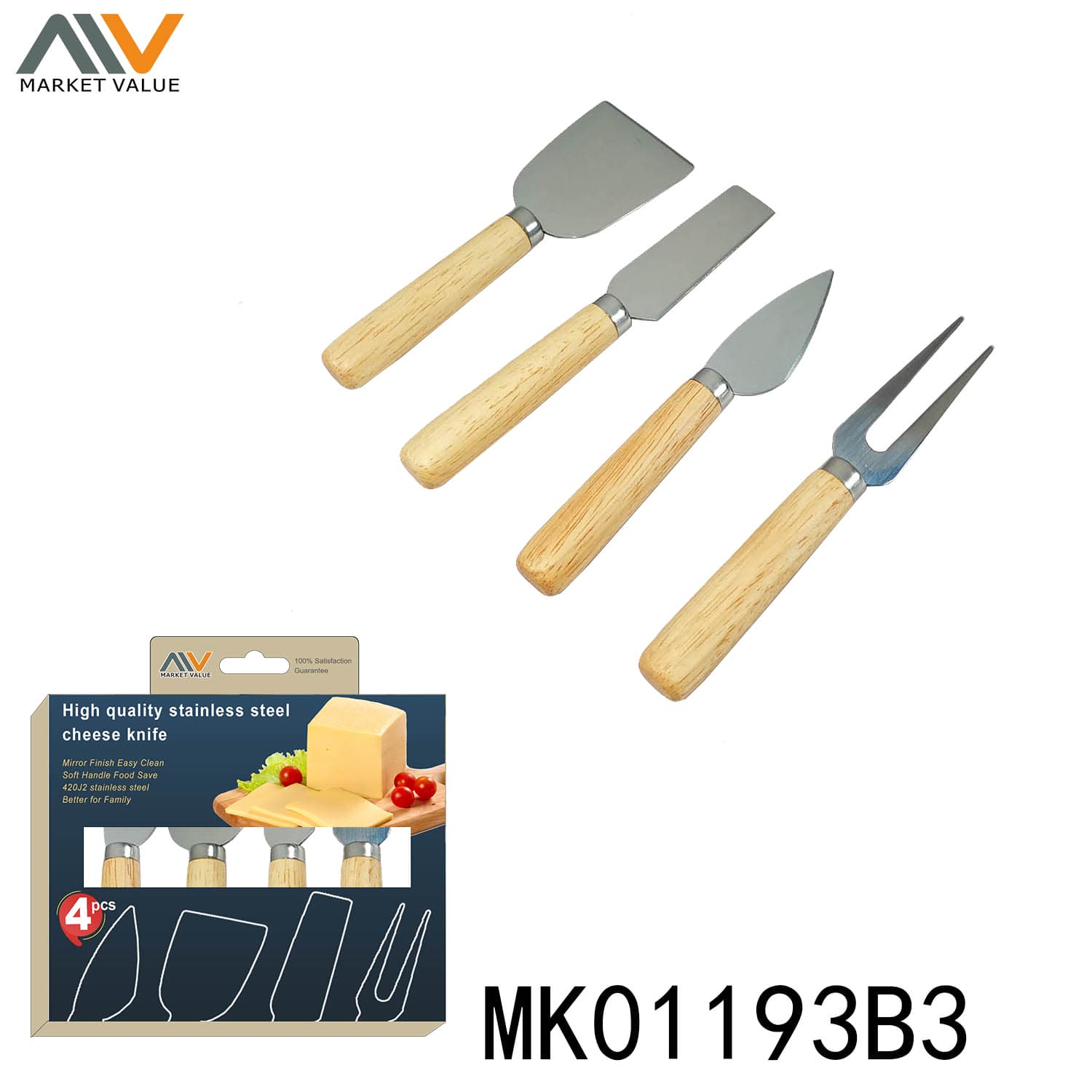MK01193B3 4Pcs Cheese Knife With Wooden Handle