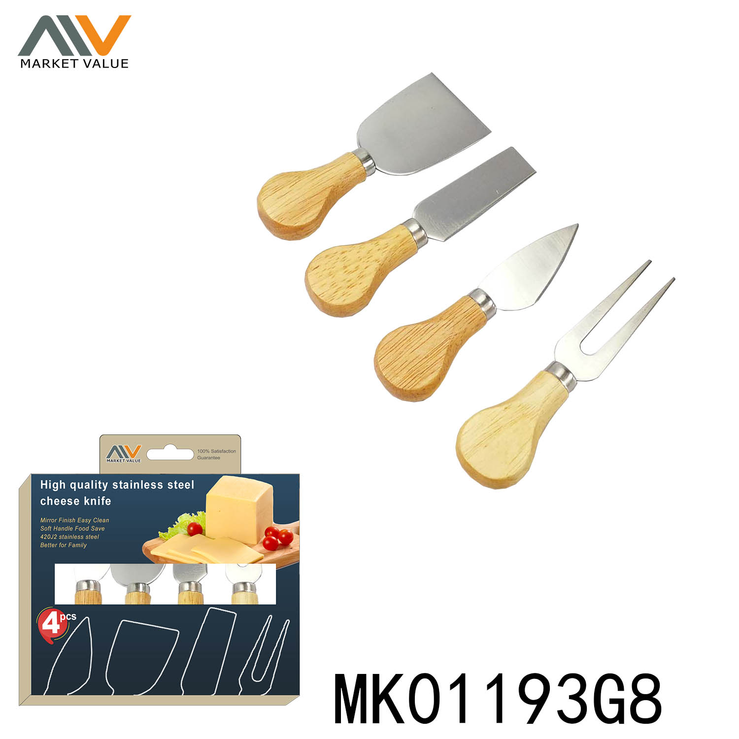 MK01193G8 4Pcs Cheese Set W/ Wooden Handle