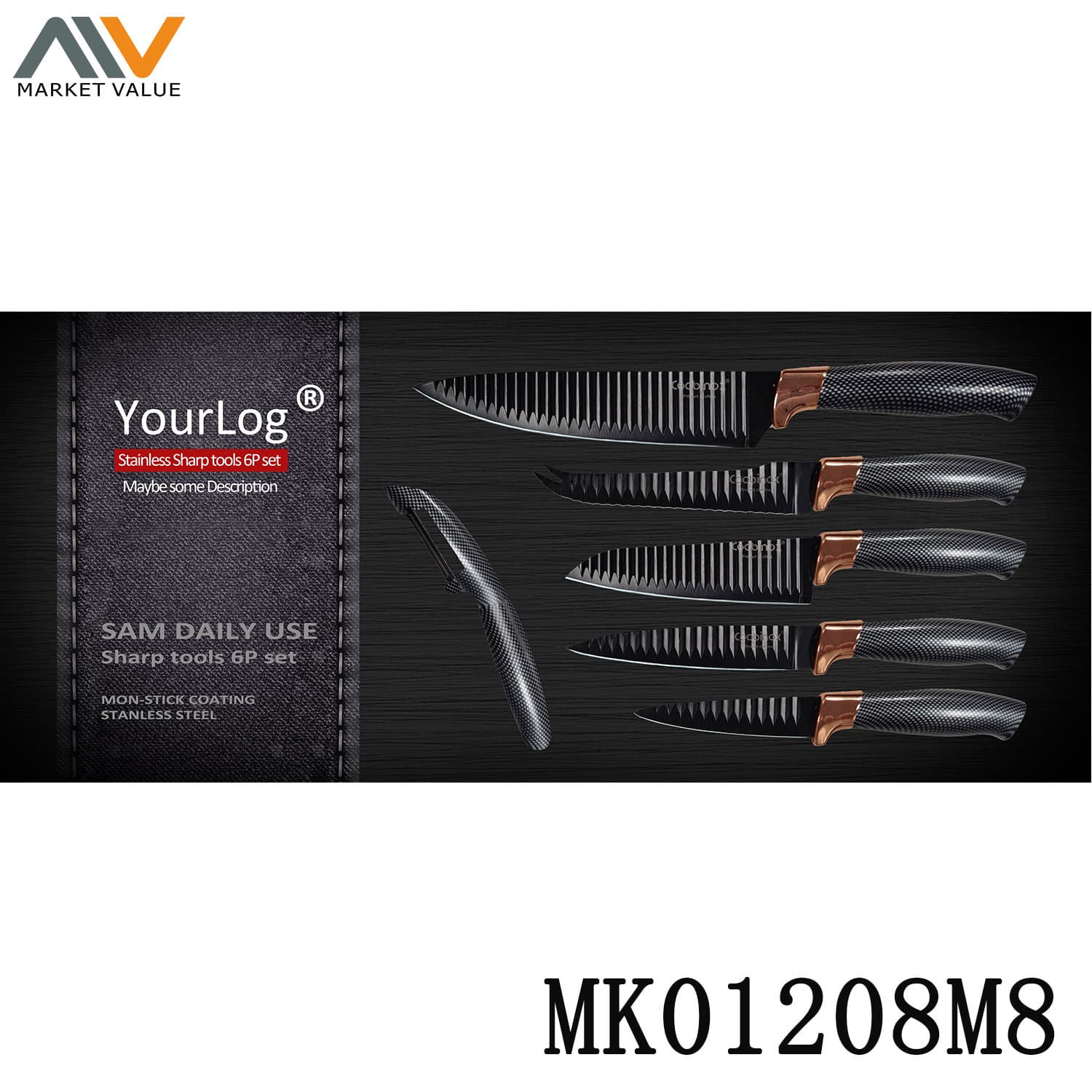 MK01208M8 5Pcs Knife Set + Peeler Black Blade In Box