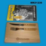 2Pcs Steak Knife & Fork W/ Cutting Board Pine Wooden D/B
