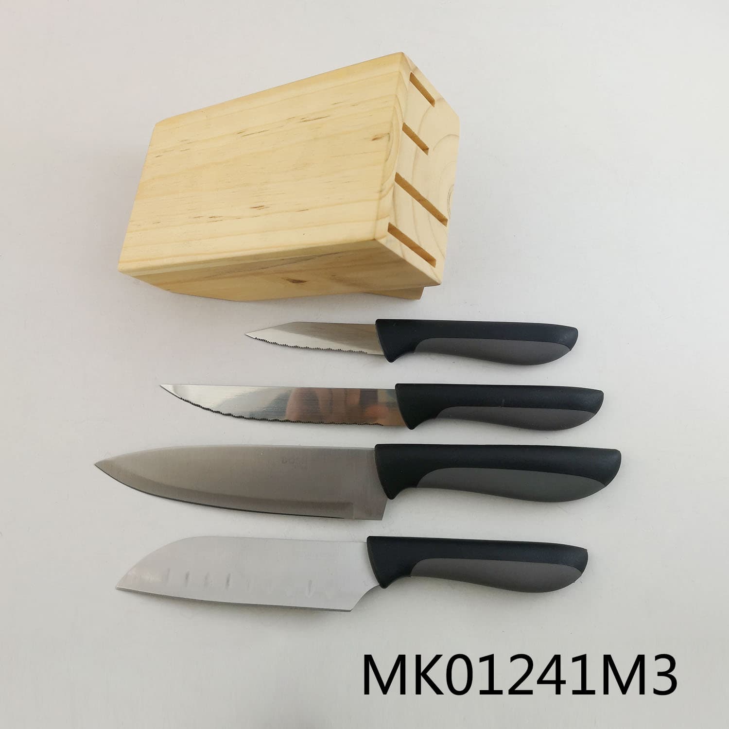 MK01241M3 Sets Of 4Pcs Knife Set With Pine Block In Brown Box