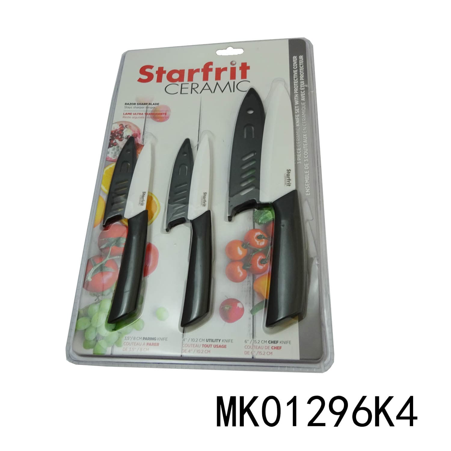 MK01296K4 Sets Of 3Pcs Ceramic Knife W/Plastic Handle&Cover