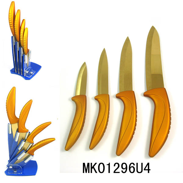 MK01296U4 Set Of 3 Titanize Gold Color Knife+Acrylic Holder In Color Box