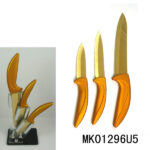 Set Of 3 Titanize Gold Color Knife+Acrylic Holder In Color Box