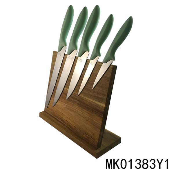 MK01383Y1 5Pcs Plastic Handle S/S Knife Set+Block