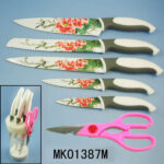5Pcs Kitchen Knife Set Non Stick Coating And Scissors With Plastic Stand