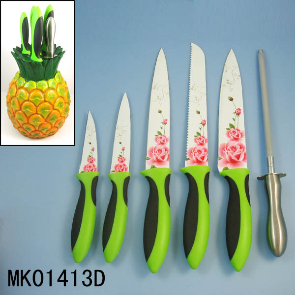 MK01413D Set Of 6 Kitchen Knife Set Non Stick Coating Pineapple Shape Resin Cutter Holder In Colour Box
