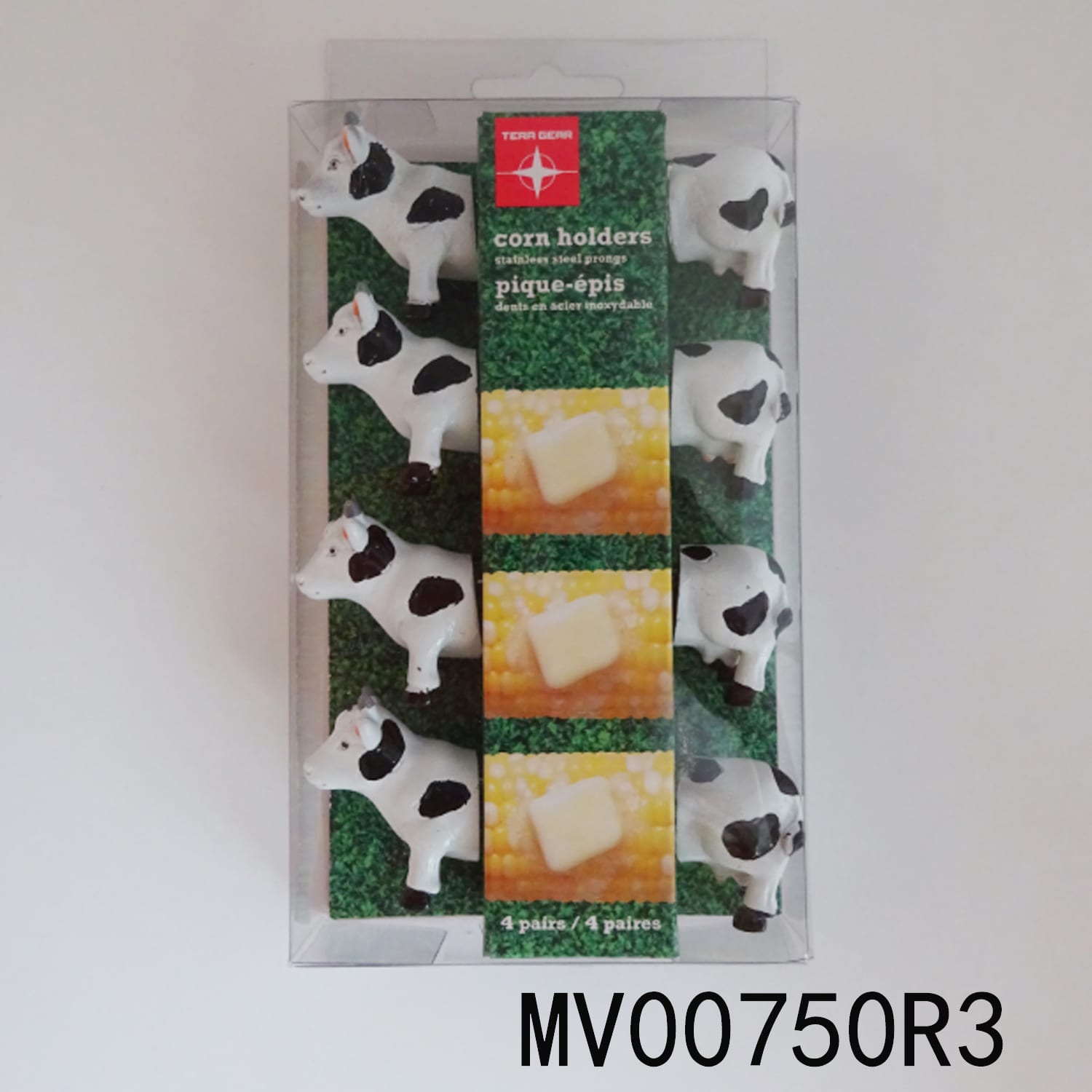 MV00750R3 8Pcs Corn Fork Set W/Cow Shaped Resin Handle In Pvc Box