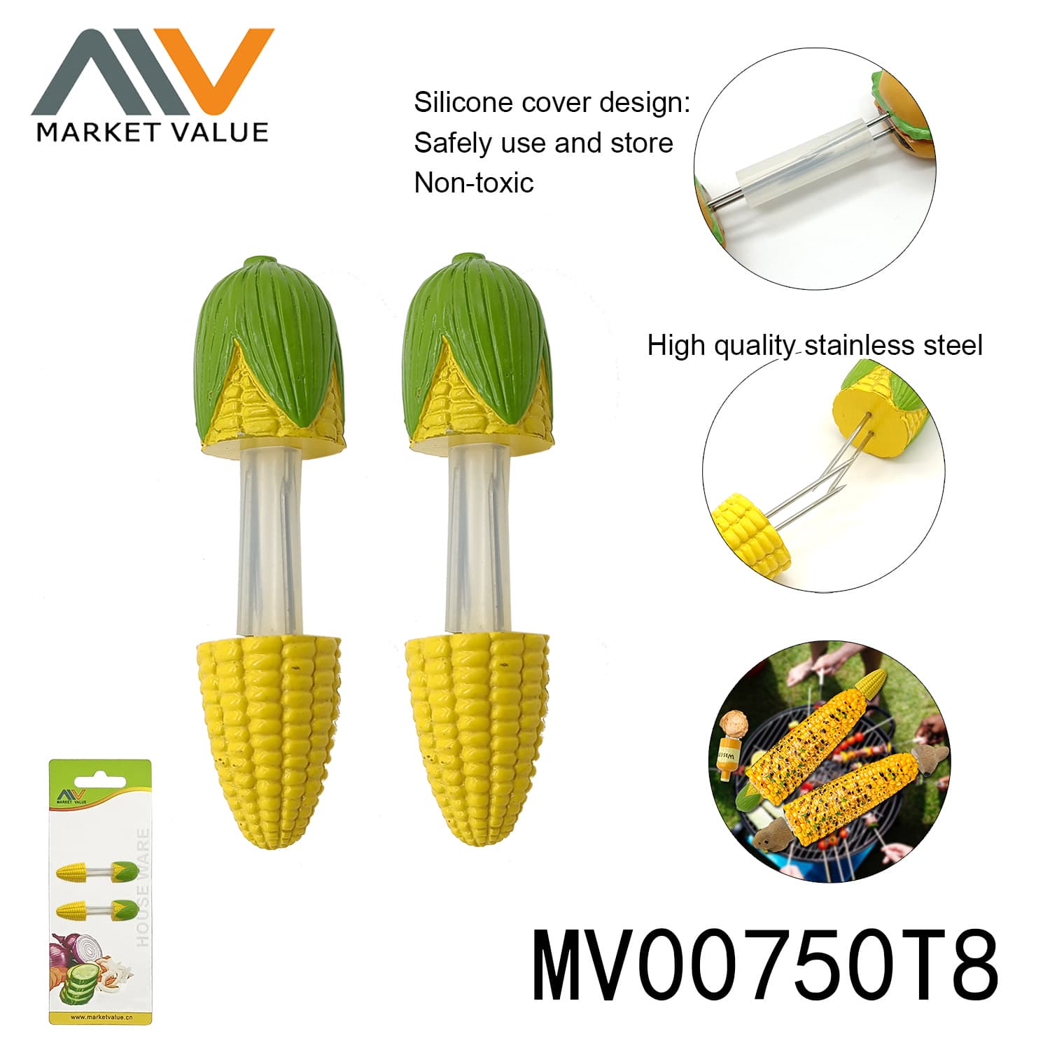 MV00750T8 Sets Of4Pcs Corn Holder With Design Handle
