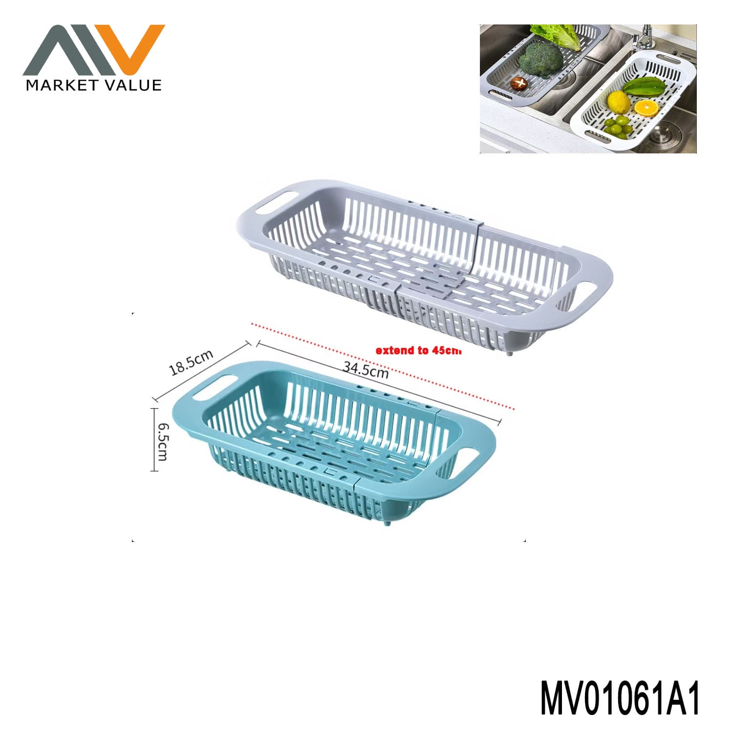 MV01061A1 Adjustable Plastic Drainage Basket Fruit Vegetable