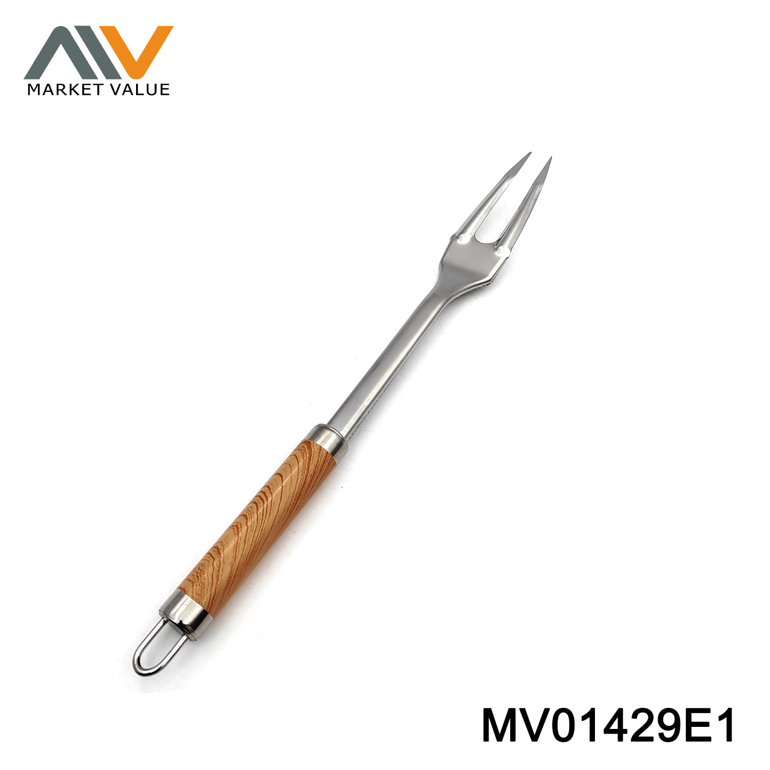 MV01429E1 Ss Kitchen Tool Meat Fork Wooden Looking Handle Tag