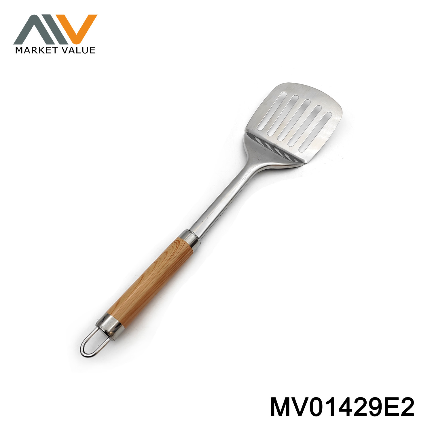 MV01429E2 Ss Kitchen Tool Slotted Turner Wooden Looking Handle Tag