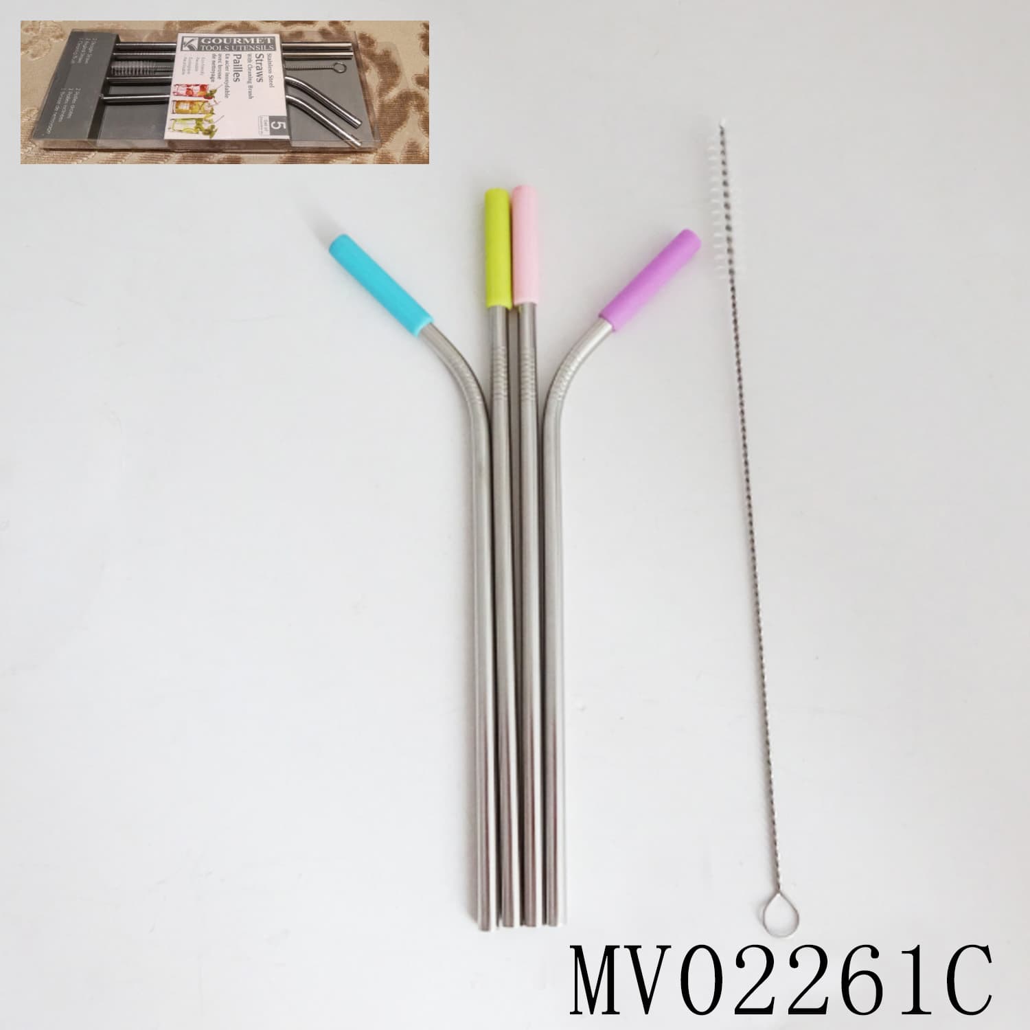 MV02261C 4Pcs Silicone Stainless Steel Straws With Cleaning Brush