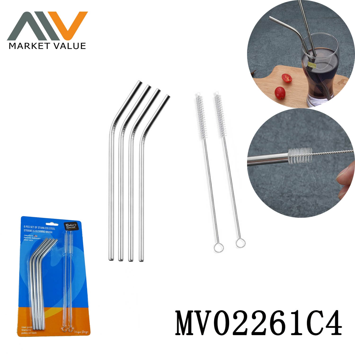 MV02261C4 6Pcs S.S Straw Sets (4Pcs Straw+2Pcs Brush)